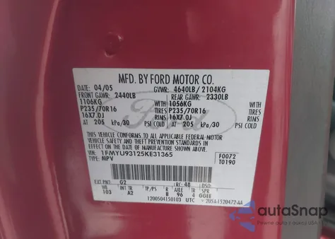 2005 Ford Escape Xlt из США, поврежденный, VIN 1FMYU93125KE31365